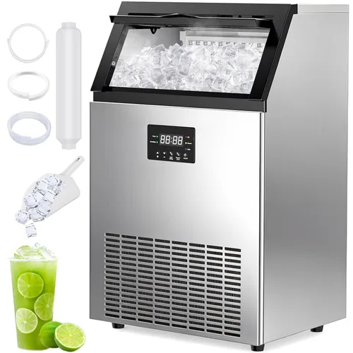Máquina comercial para hacer hielo - 200 libras/24 horas, máquina de hielo comercial con contenedor de almacenamiento de 50 libras, debajo del