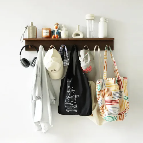 Miniatura 8 de Perchero de entrada con ganchos y estante, estante organizador de pared flotante de madera resistente con 4 ganchos adecuado para entrada, despensa