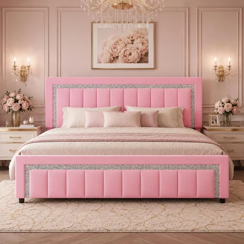 Miniatura 13 de HOMBCK Marcos de Cama Individual, Marco de Cama Tamaño Individual con Cabecera y Pie de Cama de Diseño de Terciopelo Diamante, Marco de Cama