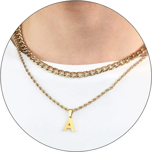 Miniatura 35 de SENRAN Collar con inicial en capas de la A a la Z para hombre, cadena de cuerda torcida de acero inoxidable de 18 a 20 pulgadas, dije de letra