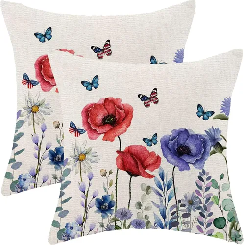 Miniatura 17 de Juego de 2 fundas de almohada decorativas para el 4 de julio, 16 x 16 pulgadas, diseño patriótico de estrellas azul marino del Día
