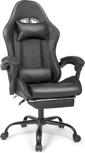 Silla de juegos, silla ergonómica para computadora con reposapiés y soporte lumbar, silla de oficina ajustable en altura con asiento giratorio de