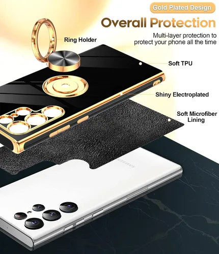 Miniatura 2 de LeYi Funda para Samsung Galaxy S22 Ultra con soporte de anillo giratorio de 360°, soporte magnético, chapado en oro rosa, borde protector para Negro