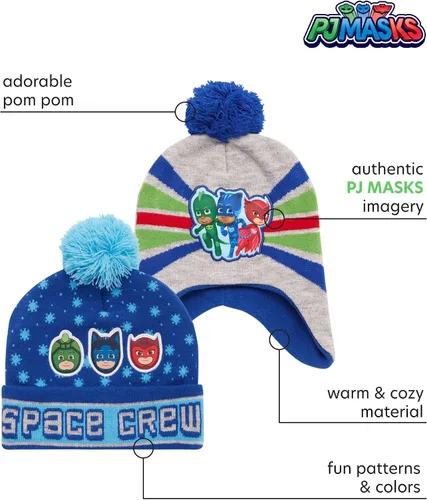 Miniatura 2 de PJ Masks Sombrero de invierno para niños, paquete de 2 gorros con pompones de superhéroe (niño)