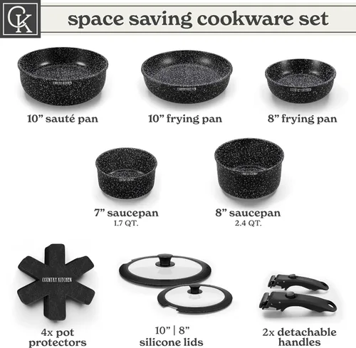 Miniatura 3 de Country Kitchen Juego de utensilios de cocina con mango extraíble, juego de ollas y sartenes aptas para horno y caravana, color negro, original