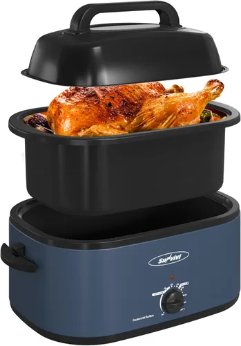 Miniatura 22 de Sunvivi Horno asador eléctrico con tapa visible, horno asador de pavo de 24 cuartos de galón con sartén y estante extraíbles, acero inoxidable