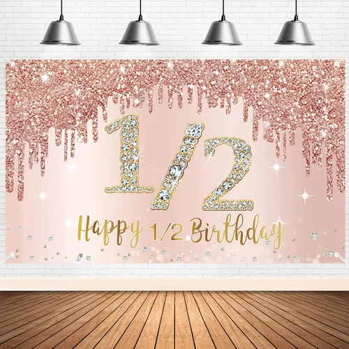 Decoraciones de Fondo de Pancarta de Feliz Medio Cumpleaños para Niñas, Suministros de Letrero de Fiesta de Medio Cumpleaños de Oro Rosa, Póster 1/2