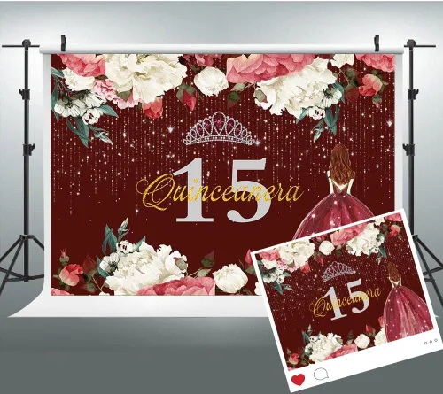 Miniatura 6 de Telón de fondo de feliz cumpleaños 15 para niña, quinceañera, 5 x 3 pies, corona de flores rojas burdeos, corona, princesa, decoración de fiesta