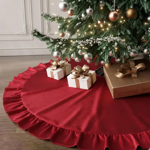 Miniatura 36 de Faldones de Felpa para Árbol de Navidad, 24 pulgadas, Lujosa Cubierta de Base de Árbol de Navidad de Piel Sintética Negra con Copos de Nieve Dorados