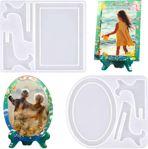 Molde de resina para marco de fotos, moldes de silicona con soporte, moldes de marco rectangular y ovalado para fundición de resina, marco de fotos
