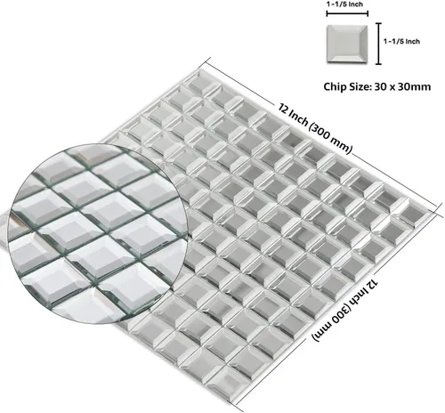 Miniatura 2 de Mosaico de cristal de espejo, 5 caras cuadradas biseladas de cristal plateado espejo de 12 x 12 pulgadas sin costuras para cocina y baño, 5 hojas