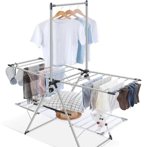Miniatura 10 de APEXCHASER Tendedero de secado de ropa con 4 alas, estante de secado de acero inoxidable con clips para calcetines, conectores metálicos, altura