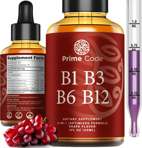 Prime Code Gotas líquidas de vitamina B1 con vitamina B3 B6 y B12 | Suplemento líquido del complejo B | Suplemento de tiamina para adultos | Alta