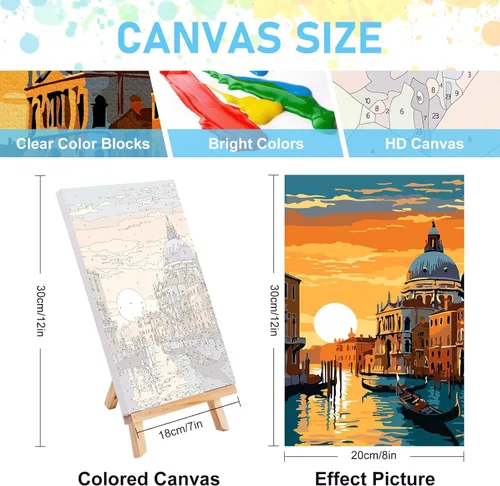 Miniatura 3 de Offito Paquete de 4 pinturas enmarcadas por números para adultos principiantes con caballete de madera, kit de pintura fácil de paisaje por números