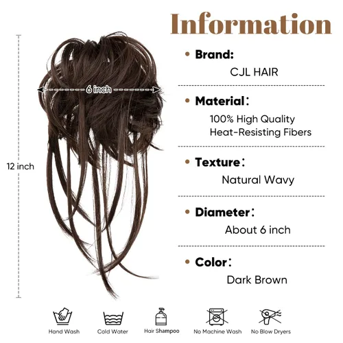 Miniatura 3 de CJL HAIR - Extensión de cabello sintético tipo coletero de chongo desordenado, rizado, con colas rectas, para mujeres, marrón oscuro L-Marrón oscuro