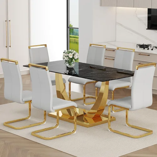 Miniatura 36 de Juego de Mesa de Comedor Negra para 6, Mesa de Comedor de Mármol Falso de 71" para 6, Juego de Mesa de Cocina Rectangular con Sillas de Cuero PU