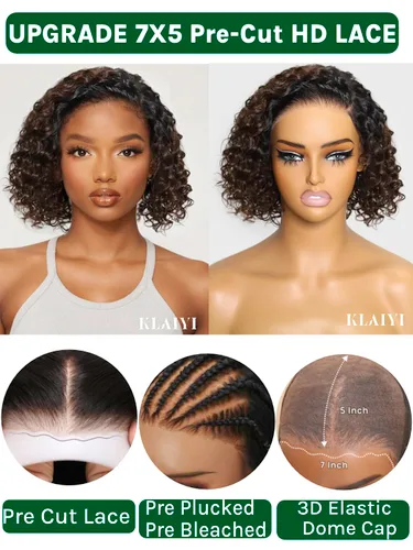 Miniatura 2 de KLAIYI Bye Bye Slip™ - Pelucas de cabello humano con encaje frontal 7x5, color marrón castaño degradado, rizado, sin pegamento, precortadas de 7 x