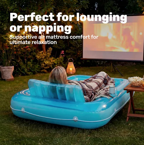 Miniatura 7 de SLOOSH Flotador inflable, camastro para adultos, con almohada, 178 x 117 cm, 4 en 1: balsa-tina bronceadora, camastro para tomar el sol, fiestas Azul