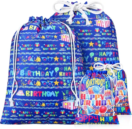 Chapou 4 bolsas grandes de regalo de cumpleaños con cordón de 20 pulgadas, grandes de 12 pulgadas, medianas, reutilizables, de tela azul, para baby