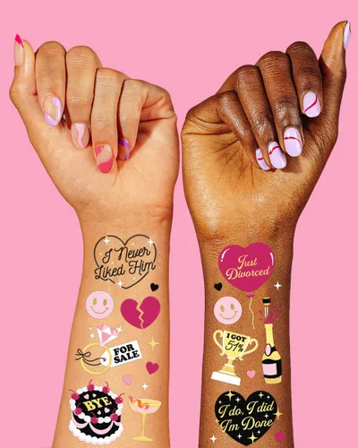 Miniatura 3 de xo, Fetti Tatuajes temporales para fiesta de divorcio – 60 estilos de aluminio Suministros de fiesta solo divorciados, recuerdos de fiesta