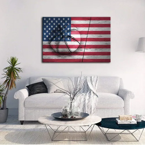 Miniatura 6 de Urttiiyy Arte de pared con bandera estadounidense, impresiones en lienzo de baloncesto, Línea Azul Roja Delgada, decoración del hogar, imágenes