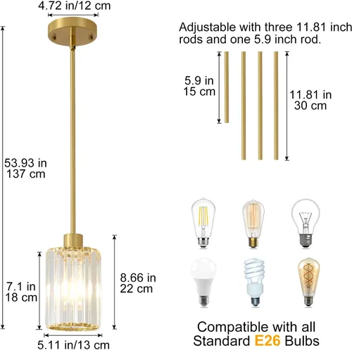 Miniatura 8 de Lámparas colgantes de cristal, paquete de 3 unidades de lámparas colgantes en oro cepillado para isla de cocina, modernas mini lámparas colgantes
