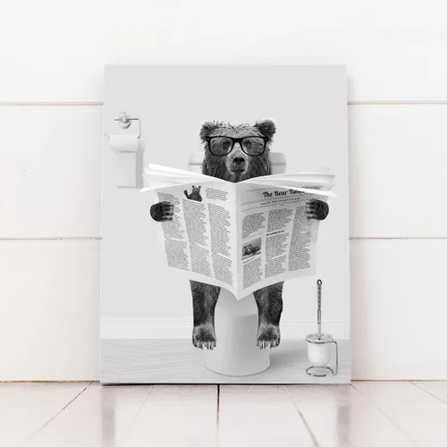 Miniatura 4 de Decoración de Arte de Pared en Blanco y Negro – Oso con Gafas Sentado en el Inodoro Leyendo Periódico, Impresiones en Lienzo, Imágenes de Animales