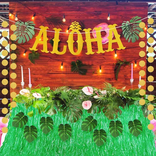 Miniatura 4 de 22 piezas de falda de mesa de hierba hawaiana Aloha decoración de fiesta que incluye pancarta de Aloha brillante hojas verdes tropicales y falda