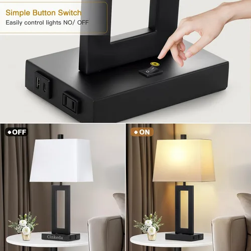 Miniatura 5 de Cinkeda Juego de 2 lámparas de mesa con puertos USB C+A y salida de CA, lámparas de noche, lámparas modernas para dormitorio, lámparas negras