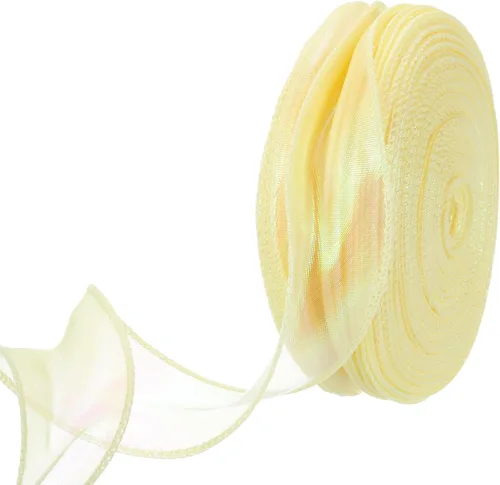 Miniatura 20 de MECCANIXITY - Cinta de organza con cable de 1 1/2" de ancho, brillante, transparente, con brillo irisado en tonos pastel, cinta de gasa para Beige