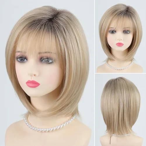 Miniatura 10 de RENERSHOW Pelucas rubias en capas para mujeres blancas con flequillo, peluca de pelo corto lacio, peluca sintética de color rubio degradado