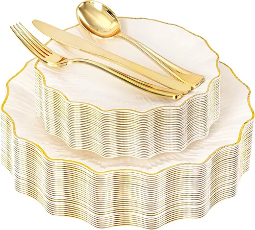 Miniatura 12 de U-QE 150 platos de plástico negro con cubiertos de plástico dorado, platos negros desechables para fiestas, incluyen 30 platos llanos de 10.25