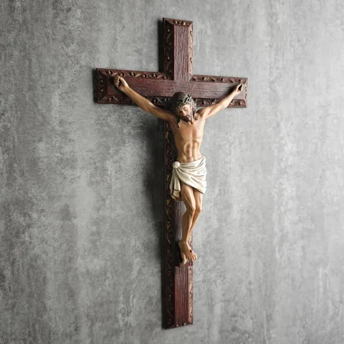 Miniatura 4 de Crucifijo católico BC de pared, cruz de Jesucristo, regalo religioso devoto, aspecto tallado en madera, 12 pulgadas de alto, pintado a mano por