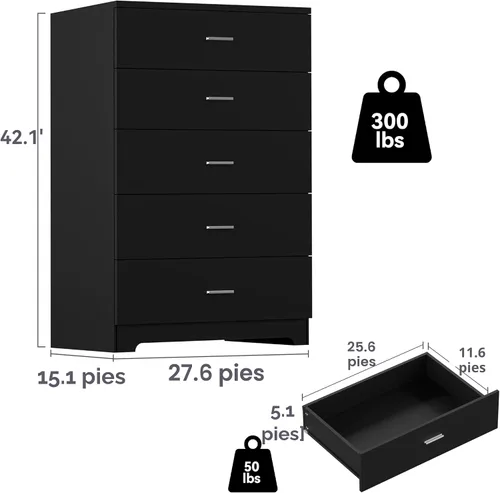 Miniatura 3 de GEPELCN Cómoda para dormitorio con tomas de corriente, cómoda de madera con 5 cajones con gran espacio de almacenamiento, cómoda negra con riel