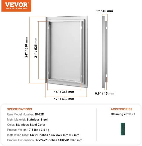 Miniatura 7 de VEVOR Puerta de acceso para barbacoa, 17 pulgadas de ancho x 24 pulgadas de alto, cocina individual al aire libre, montaje empotrado de acero