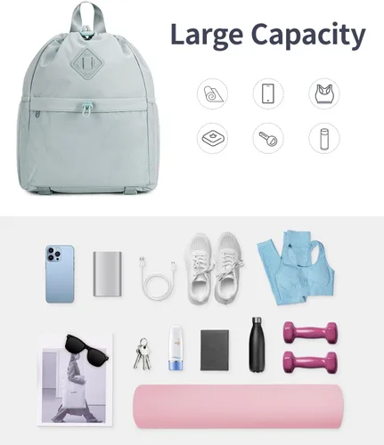 Miniatura 4 de WANDF Mochila con cordón para mujer, bolsa de gimnasio con correa para esterilla de yoga, resistente al agua, con bolsillo de malla, Gris