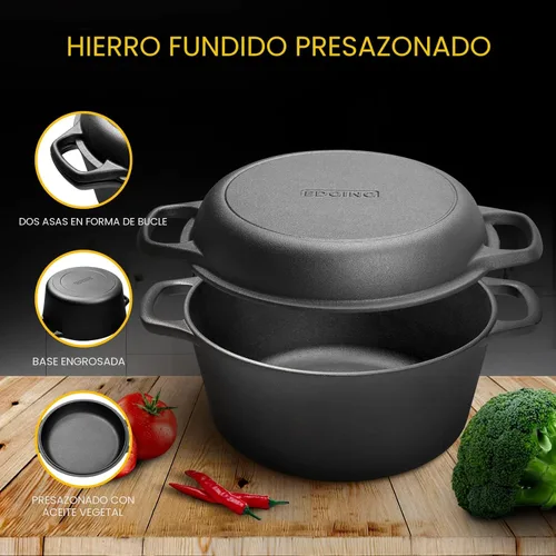Miniatura 5 de EDGING CASTING Olla holandesa de hierro fundido pre-curada 2 en 1 con tapa de sartén para cocinar, juego de sartenes de hierro fundido con asas