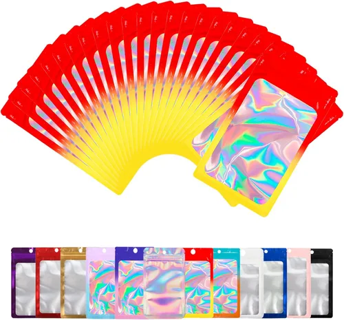 Miniatura 7 de Paquete de 100 bolsas de Mylar con ventana transparente, bolsas de almacenamiento de alimentos, a prueba de olores, embalaje de mano resistente a