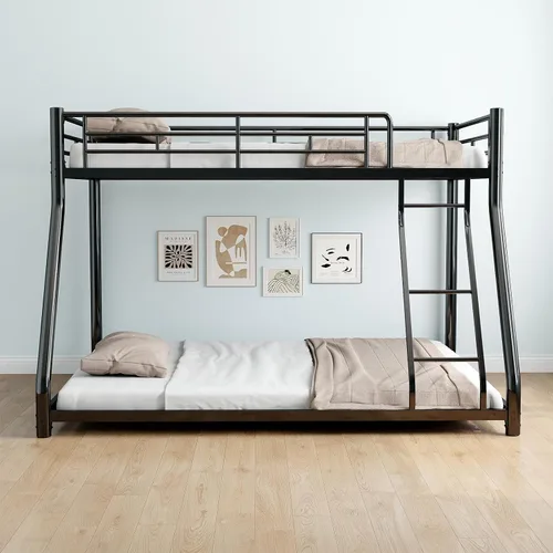 Litera tamaño individual de metal negro con riel de protección de malla blanca, perfil bajo y fácil escalada con escalera estable, color negro