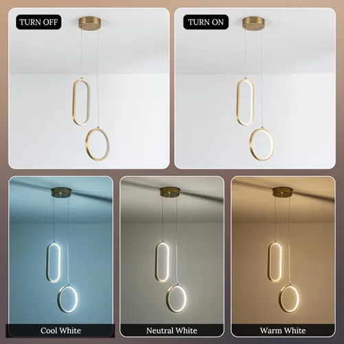 Miniatura 9 de Lámpara colgante LED moderna dorada mini con control remoto, 2 anillos, 24W, temperatura de color de 3 pasos, intensidad ajustable sin escalones