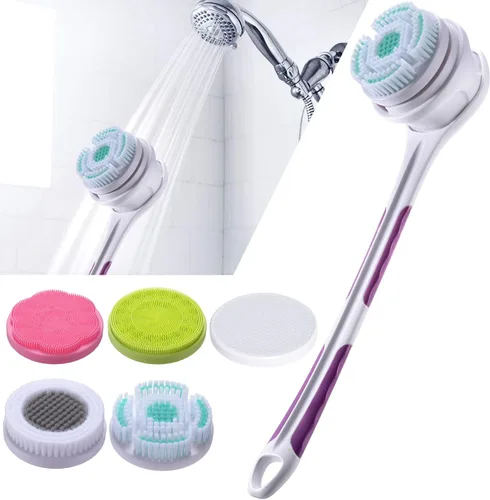 SoulBay Cepillo eléctrico para el cuerpo con 5 accesorios: cepillo de espalda recargable IPX7 Mango largo Exfoliante Spin Scrubber para ducha, baño,