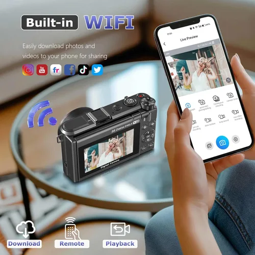 Miniatura 4 de Cámara digital 8K para fotografía, cámara de videoblogs WiFi de 88 megapíxeles para YouTube, pantalla giratoria de 3" 180° y zoom digital 18X