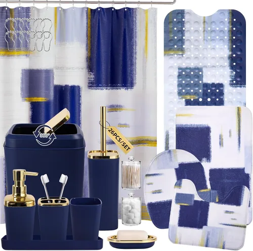 Miniatura 23 de XLHOMO Juego de baño – Juego de accesorios de baño negro, juegos de baño con cortina de ducha y alfombras, juego de cortina de ducha negra
