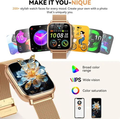 Miniatura 7 de Reloj inteligente para mujeres y hombres, batería de 1000 mAh, contador de actividades, compatible con Android iPhone iOS, 3 correas, dorado