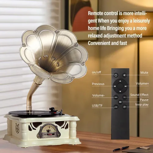 Miniatura 5 de Reproductor de Discos Gramófono Vintage, Fonógrafo Retro de Vinilo, Tocadiscos de Vinilo con Cuerno para DJ, Reproductor de Gramófono Decorativo