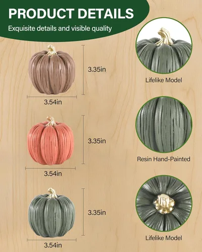 Miniatura 3 de GoGnome Juego de 3 mini calabazas de resina – Decoración de mesa de cosecha de otoño pintadas a mano en marrón, naranja y verde, decoración de otoño