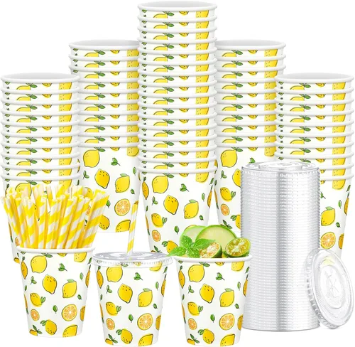 Miniatura 10 de Tessco - Juego de 50 vasos de papel Capri Lemon con tapas y pajitas, 12 onzas, azulejos azules italianos, tazas frías de limón italiano para fiesta