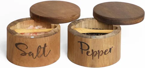 Miniatura 11 de Caja de especias de madera de acacia con cubierta giratoria para encimera de cocina, conservador de sal con cuchara integrada, moderno decorador