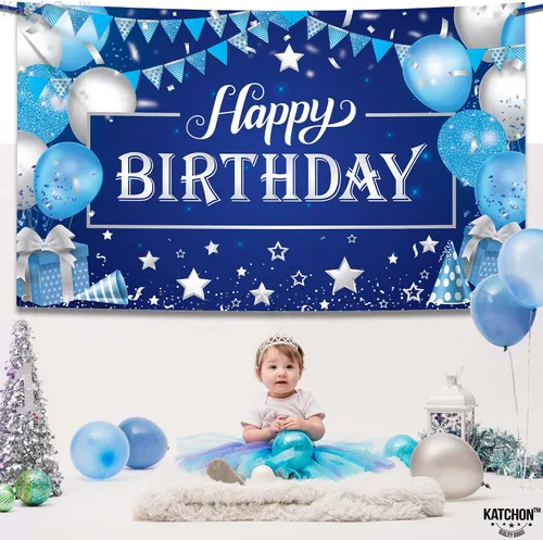 Miniatura 8 de KatchOn, Cartel grande de feliz cumpleaños plateado y azul - 72 x 44 pulgadas Cartel de pared de feliz cumpleaños para hombres Telón de fondo