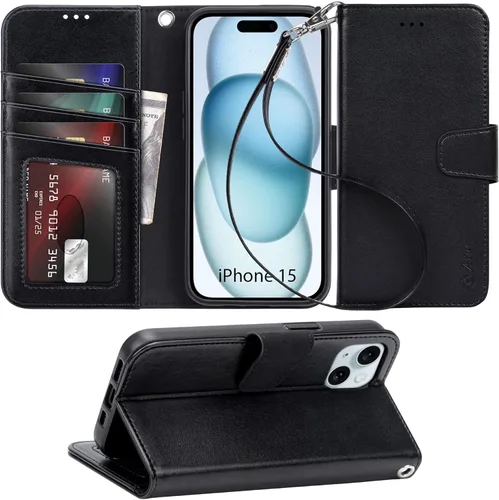Arae Funda compatible con iPhone 15 con tarjetero y correa para la muñeca para iPhone 15 de 6.1 pulgadas, color negro